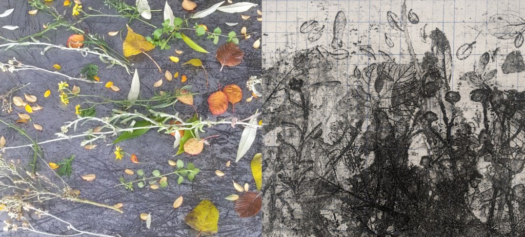 Left: scattered plant debris on steel plate.  Right: detail from an etching on steel.